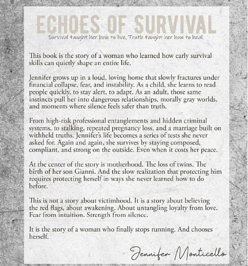 Back cover of Echoes of Survival by Jennifer Monticello